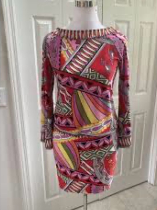 Boston Proper Dresses & Skirts - Boston Proper Pink, Red and Yellow Geometric Long Sleeve Dress w/Elastic Waist
